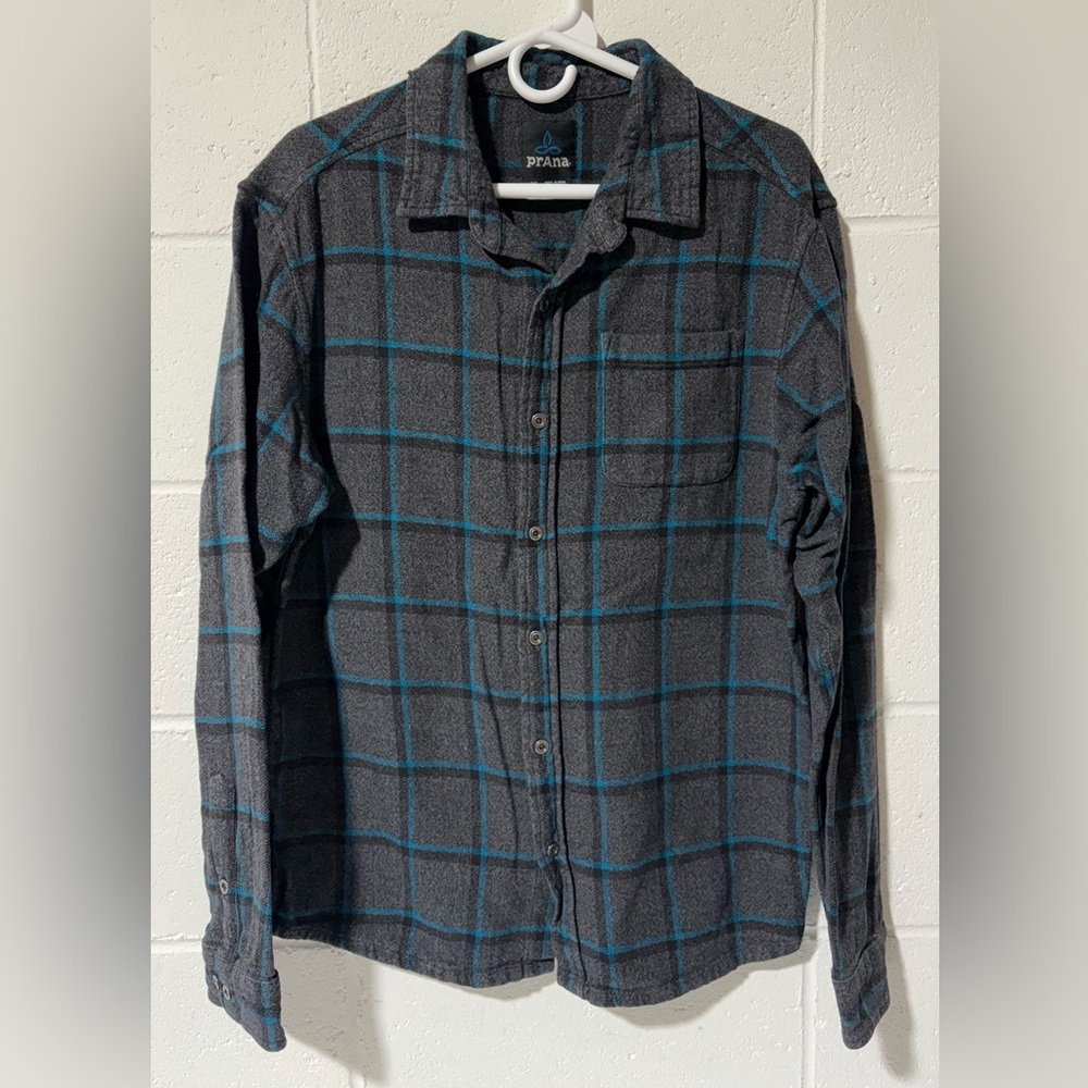 Prana Button Down Knit Long Sleeve Shirt Mens Large Plaid Gray Black Blue B2